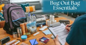 bug out bag on counter with contents