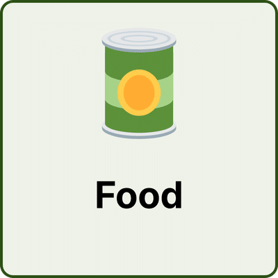 Canned food icon with a green label and a yellow emblem, and the word Food beneath it.